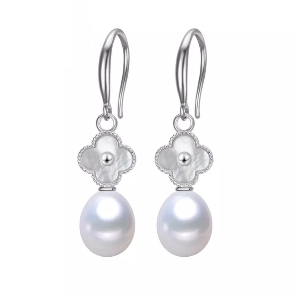Freshwater Cultured Pearl & Mother of Pearl Clover Drop Earrings in Sterling